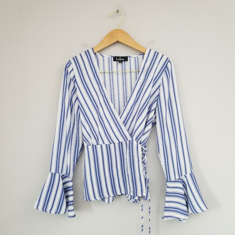 Lulus Love Is Enough Wrap Top Striped Bell Sleeve Blue White Sz  Smsll